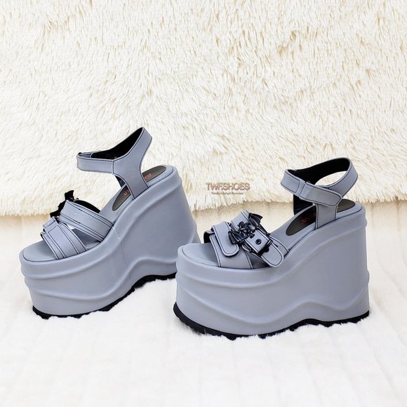 Demonia Shoes - Reflective 6" Platform Goth Wedge Sandals Wave Gray